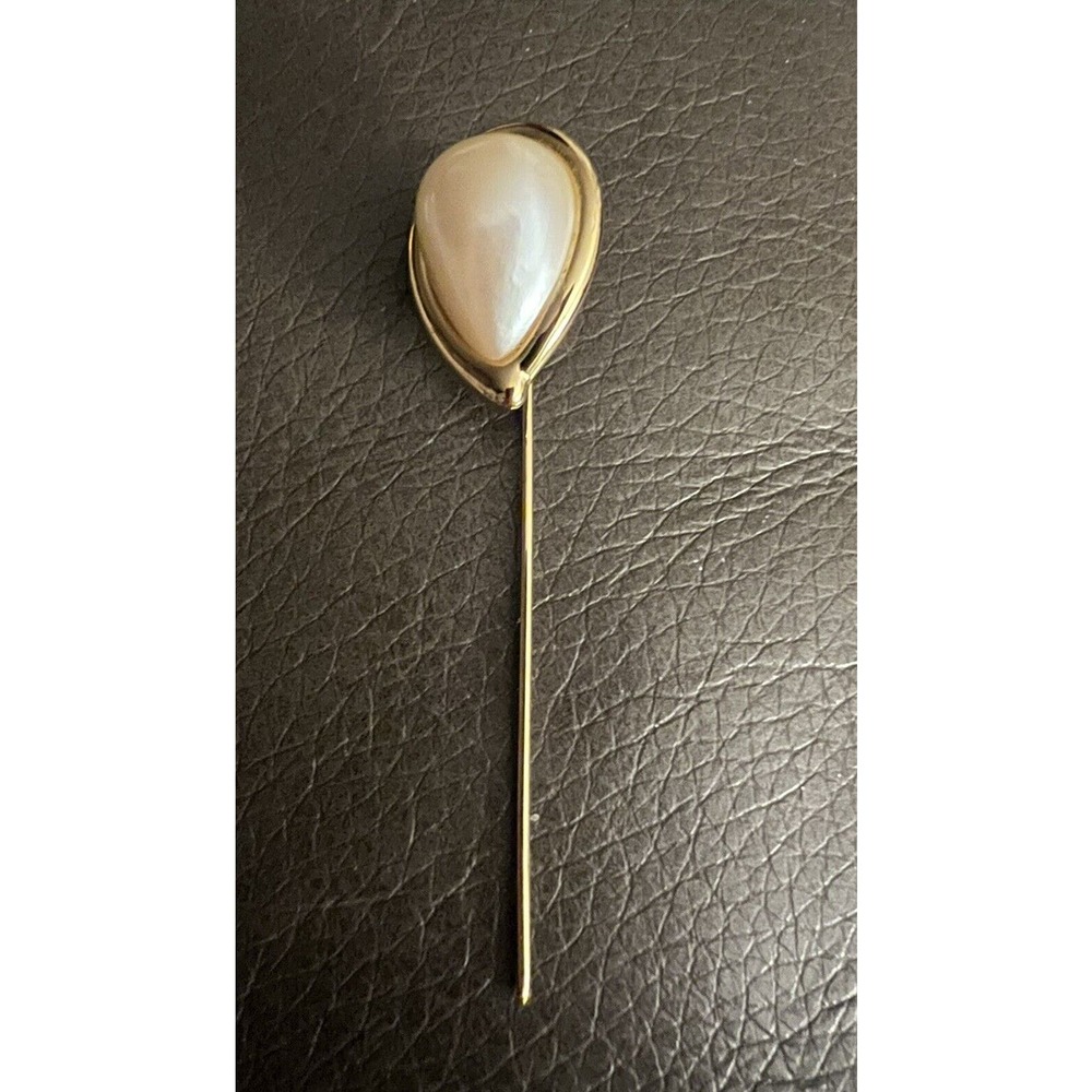 Vintage Monet Hat/Stick Scarf Lapel Pin Faux Pearl Gold Tone